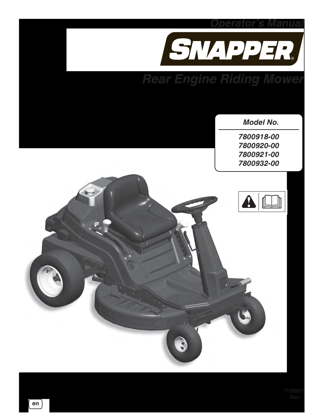 Snapper 7800932-00 manual Reproduction, Rear Engine Riding Mower, Model No 7800918-00 7800920-00, Operator’s Manual 